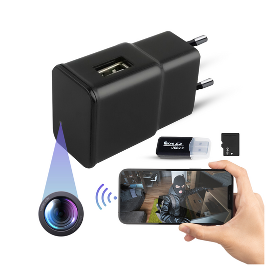 Heuts Goods - Spy Camera Adapter - Verborgen Camera - Spy Camera - WiFi met App - Incl. 64GB Micro SD Kaart en Kaartlezer - FULL HD 1080P - Bewegingsdetectie - Zwart